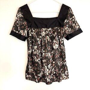 APOSTROPHE Brown Tan Coral Pink Floral Satin Square Neck Short Sleeve Blouse S